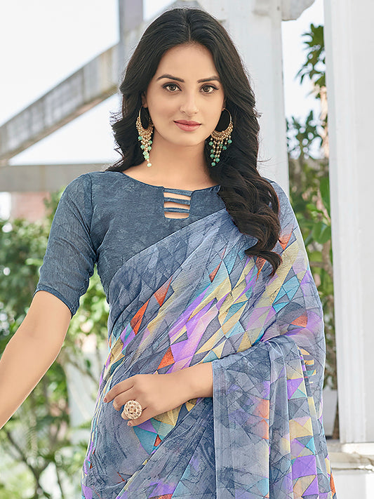 Naari - Women's Chiffon Grey Printed DesignerSaree With Blouse Piece