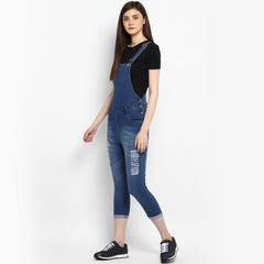 Women's Distressed Stretchable Denim Capri Style Dungarees(inner not provided)