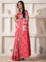 Elegant Woven Linen Cotton Saree for Durga Puja & Diwali | Ethnic Motif Design with Rich Zari Border | Soft, Breathable, Festive-Ready Traditional Drape