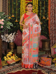 Off White Linen Cotton Saree with Multicolor Ethnic Print – Soft & Lightweight Saree for Festive, Daily, and Office Wear