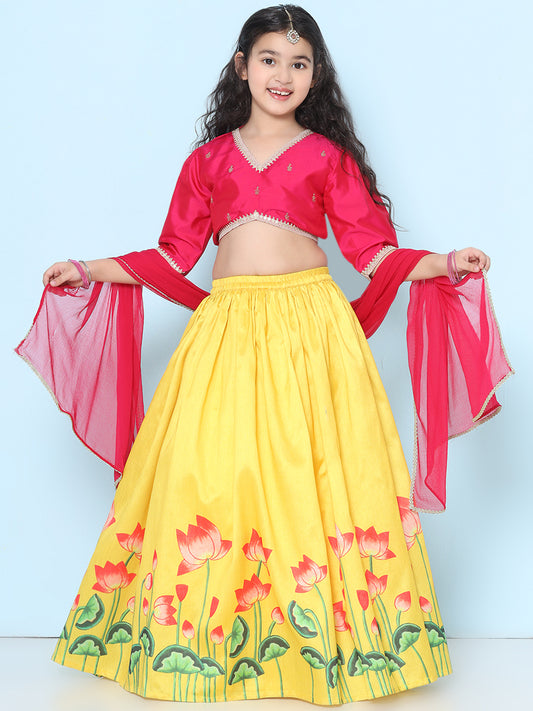 Girls Pink Embroidered Choli Yellow Ready to Wear Lehenga With Dupatta
