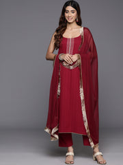 Women Maroon Round Neck, Spaghetti Strap Style Straight Kurta Paired With Tonal Bottom And Dupatta