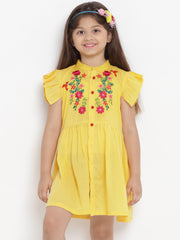 Cotton Blend Woven Half Sleeves Embroidered Flared Frock - Yellow