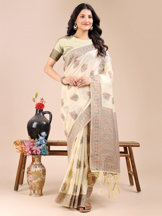 Elegant Cream Cotton Saree – Timeless Charm with Floral Detailing