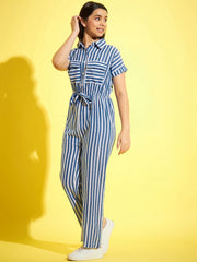 Girls Blue & White Cotton Striped Jumpsuit
