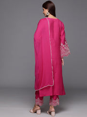 Women Pink Thread Embroidered V-Neck Straight Kurta With Bottom And Dupatta