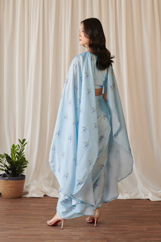 Sky Blue Cape Sleeved Top & Slit Skirt Set