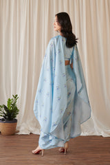 Sky Blue Cape Sleeved Top & Slit Skirt Set