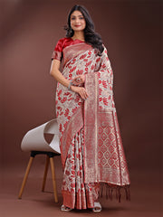 Stunning Beige & Red Linen Saree with Floral Print and Rich Zari Pallu – Festive & Traditional Wear