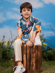 Boys' Multi Color Base Blue Kurta Pyjama Set