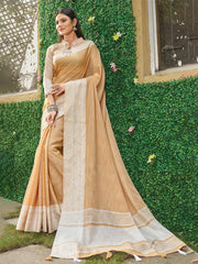 Linen Cotton Saree with Intricate Woven Border & Contrast Pallu | Soft Lightweight Traditional Drape | Tassel Edge | Unstitched Blouse Piece