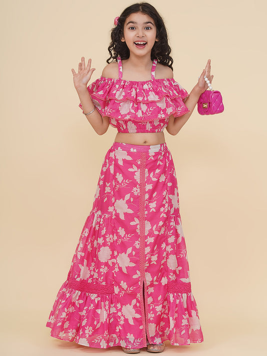 Girls Pink & White Printed Top Ready to Wear Skirt.