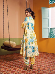 BHAMA COUTURE - Beige Multi Blue Yellow Floral Printed Kurta set