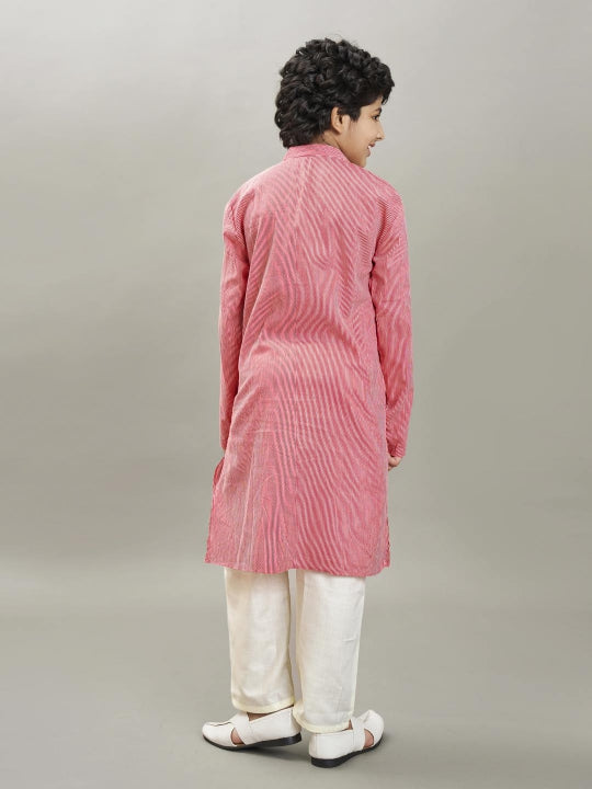 Boys red white stripe embroidery kurta with a off white pajama