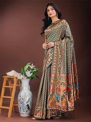 Vibrant Copper & Blue Banarasi Silk Saree with Colorful Pallu – Perfect Blend of Tradition and Festive Elegance