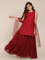 Silk blend Woven Sleeveless Embroidered Flared Kurta And Skirt With Dupatta Set - Maroon