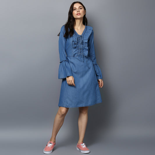 Women's Denim Draw String and Bell Sleeve Dress