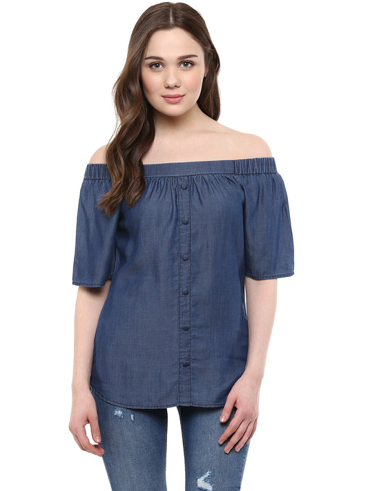 Women's Blue Tencel Denim Off Shoulder