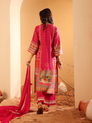 Women Fuschia Pink Ethnic Printed Straight Kurta With Embroidered Trouser