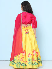 Girls Pink Embroidered Choli Yellow Ready to Wear Lehenga With Dupatta