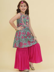 Girls Blue Floral Printed Kurta with Sharara