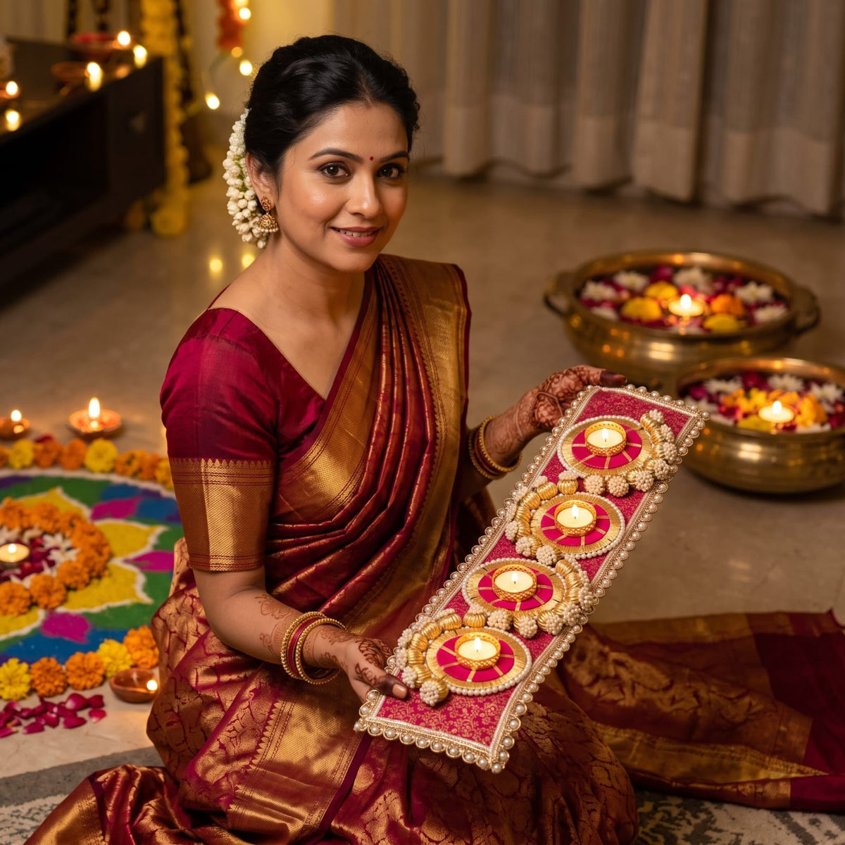 Handcrafted festive T-light/diya table runner