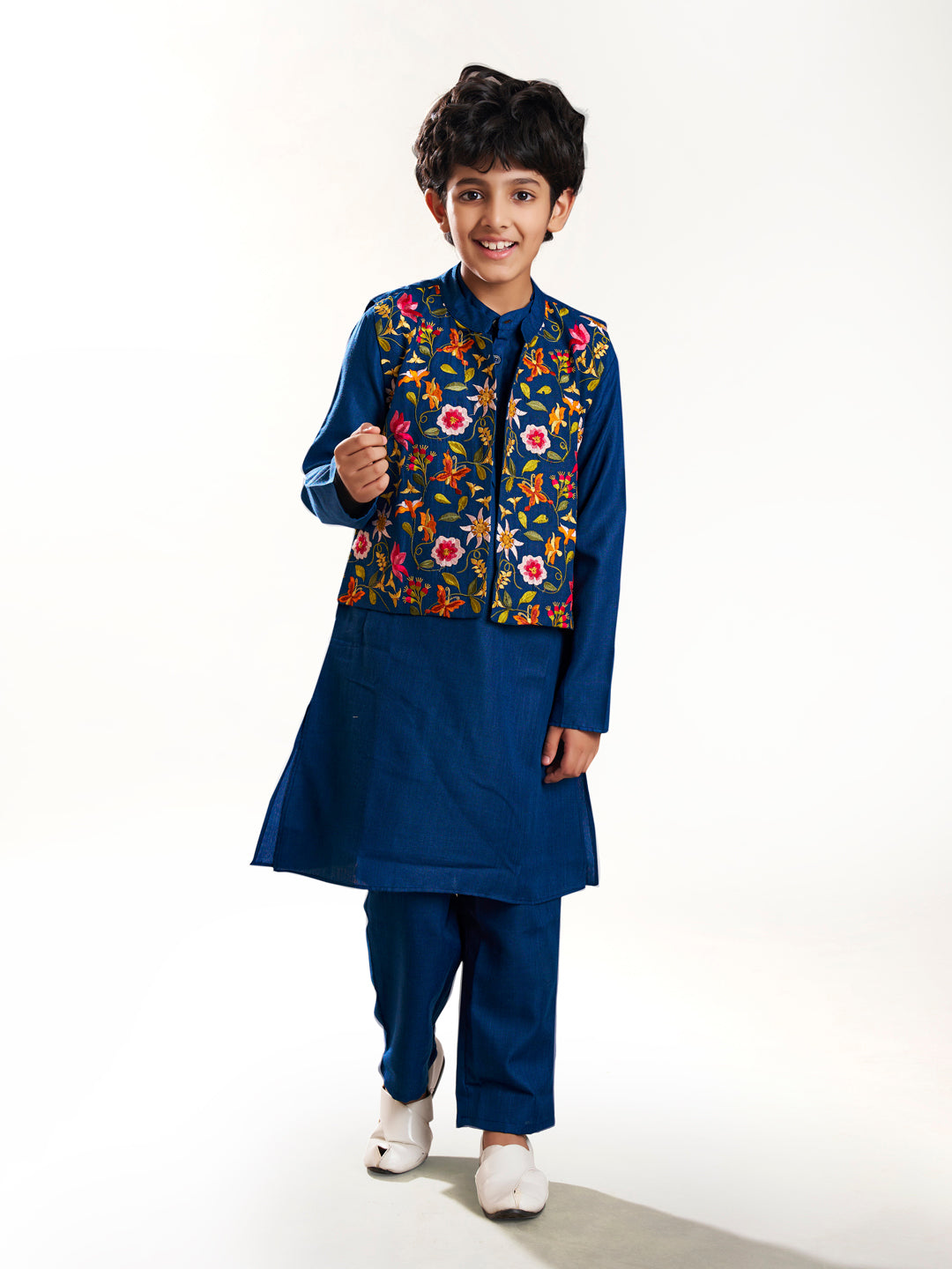 Boys blue kurta pajama with a blue embroidry jacket
