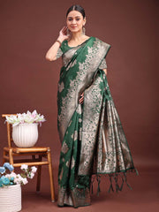 Emerald Banarasi Silk Saree with Zari Floral Work - Elegance Woven in Every Thread