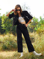 Women Puff Sleeve Denim Top With Trousers Co-Ords