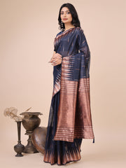 Premium Charcoal Black Linen Cotton Saree with Copper Zari Pallu & Abstract Print – Office & Festive Wear