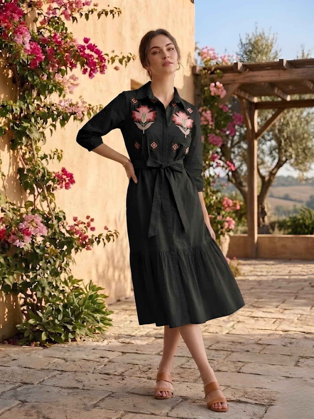 Black Embroidered Cotton Shirt Dress-ADR-22015