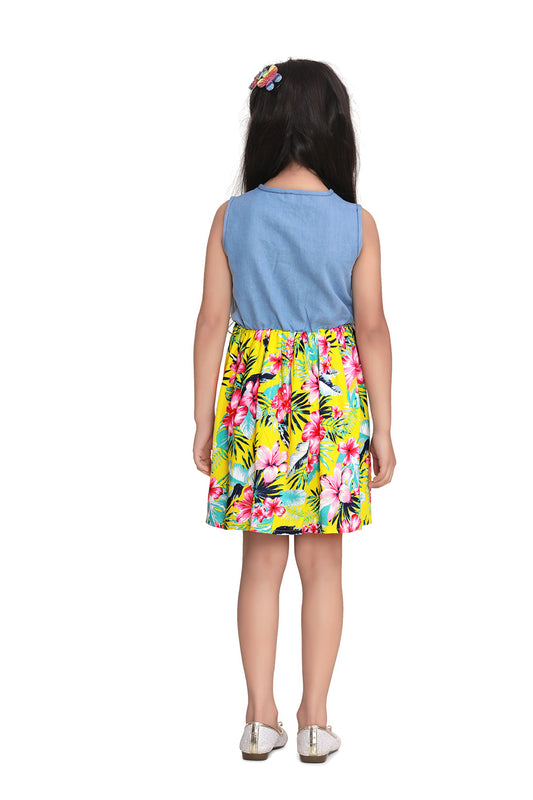 Girls Denim and Floral Cotton Printed Dress