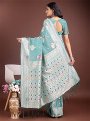 Elegant Olive Green Linen Cotton Saree with Zari Border & Woven Motifs – Perfect for Sophisticated Everyday & Festive Looks