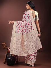 Elegant Beige & Coral Linen Saree with Zari Border and Abstract Pattern – Premium Festive & Office Wear