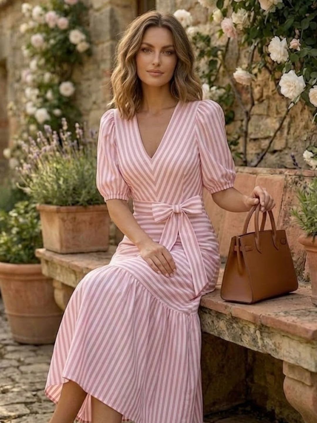 Pink Playful Stripe V-Neck Dress-ADR-22019