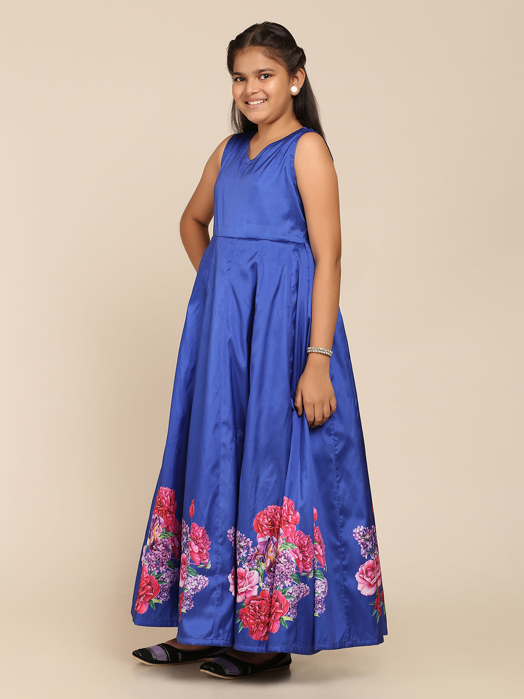 Poly Blends Woven Sleeveless Flower Print Flared Frock - Blue
