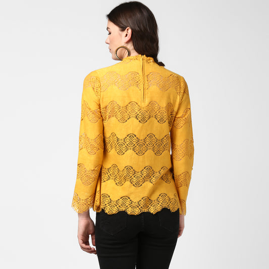 Women's Mustard Yellow Self Detail Lace Top