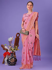 Light Pink Woven Zari Traditional Linen Cotton Saree with Rich Pallu & Unstitched Blouse – Festive & Wedding Wear Saree
