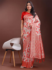 Stunning Beige & Red Linen Saree with Floral Print and Rich Zari Pallu – Festive & Traditional Wear