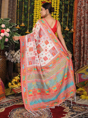 Off White Linen Cotton Saree with Multicolor Ethnic Print – Soft & Lightweight Saree for Festive, Daily, and Office Wear