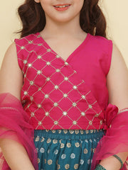 Girls Pink Embroidered Choli Turquoise Blue Woven Design Ready to Wear Lehenga With Dupatta