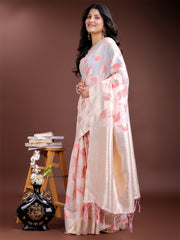 Elegant White & Light Green Leaf Print Cotton Saree for Women with Zari Border & Tassels – Soft & Lightweight Daily Wear Saree