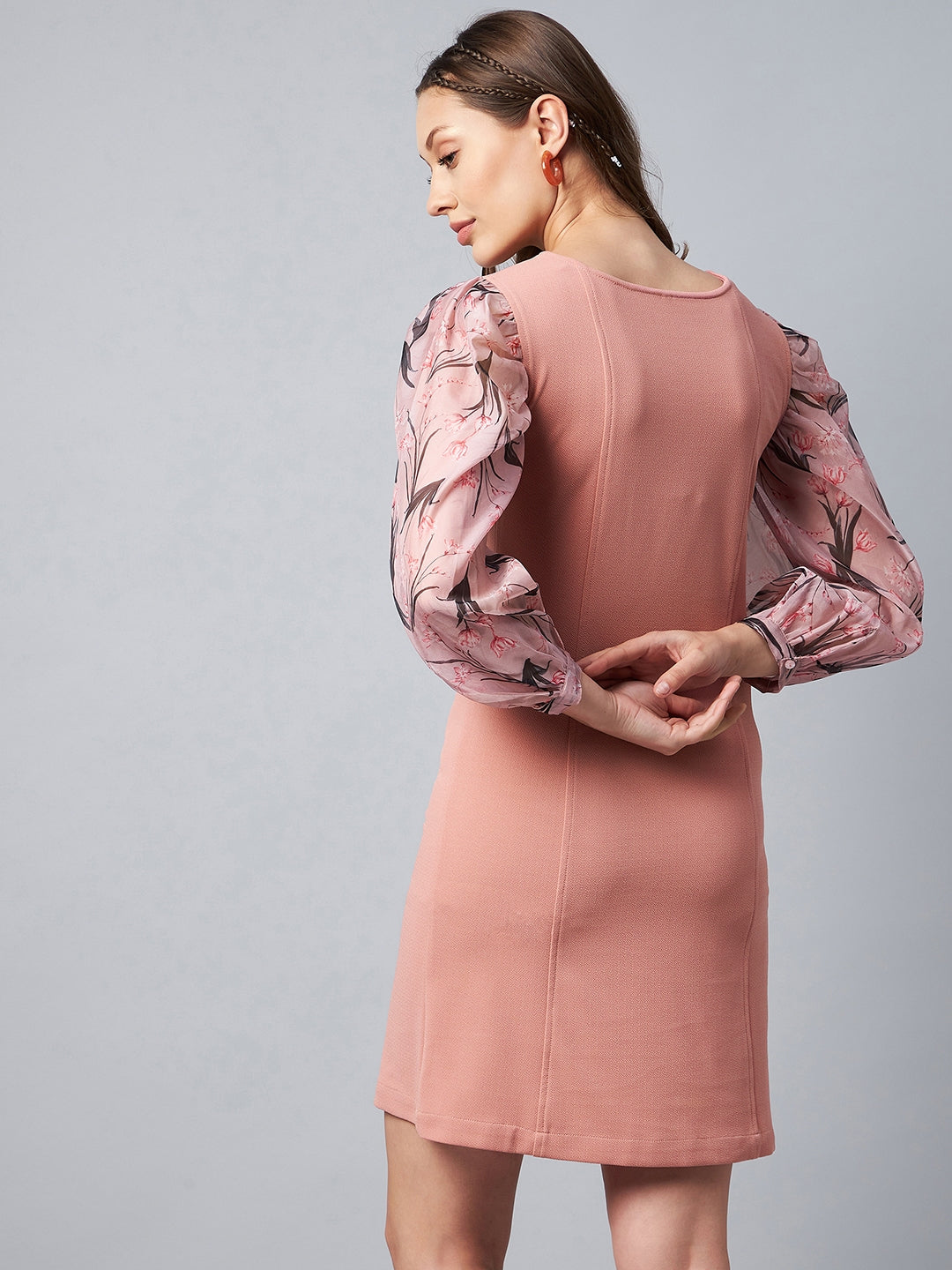 StyleStone Women's Pink BodyCon Dress with Digitally Printed Organza Sleeve
