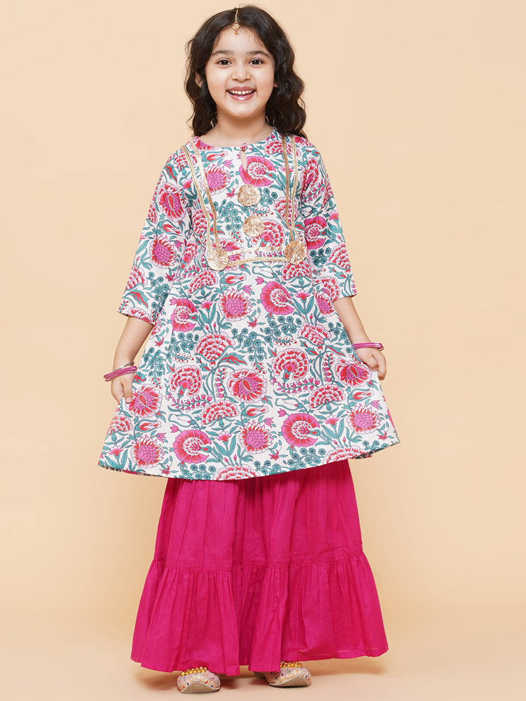 Silk blend Woven Sleeveless Floral Print Flared Kurta And Sharara Set - Pink
