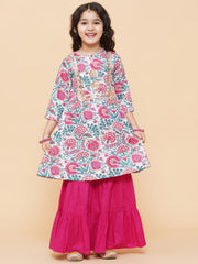 Silk blend Woven Sleeveless Floral Print Flared Kurta And Sharara Set - Pink