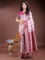 White & Maroon Woven Linen Cotton Saree with Rich Zari Border – Soft Festive Wear Saree for Women