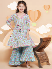 Girls Blue Floral Printed Alia Design Kurta With Sharara
