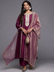 Women Wine Zari Lace Embellished Anarkali Kurta With Trousers And Tissue Dupatta.