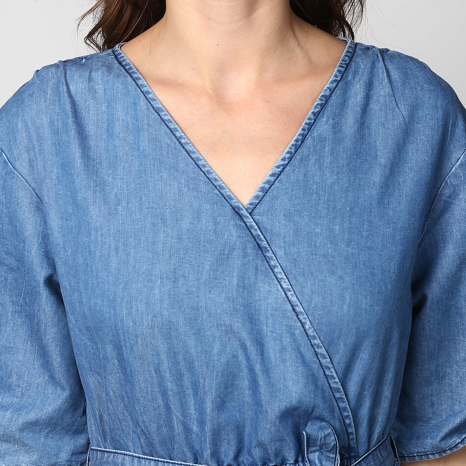 StyleStone Women's Blue Denim Tie Sleeve Dress