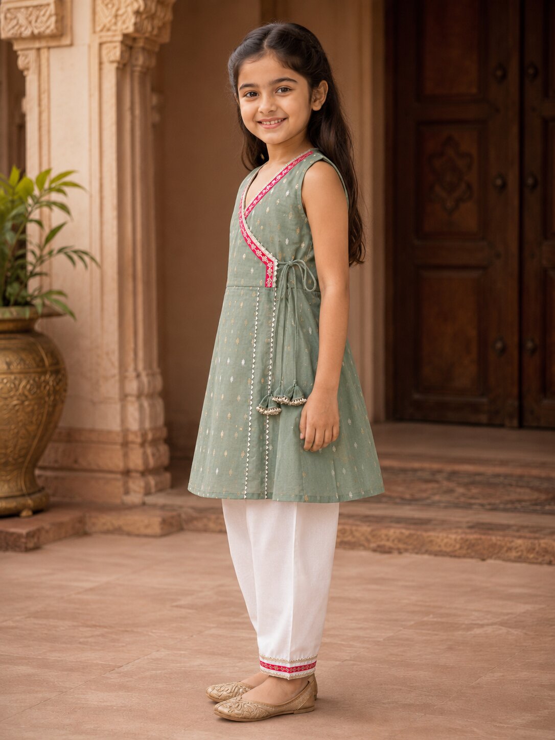 Girls Pista Green Kurta With Farsi Salwar